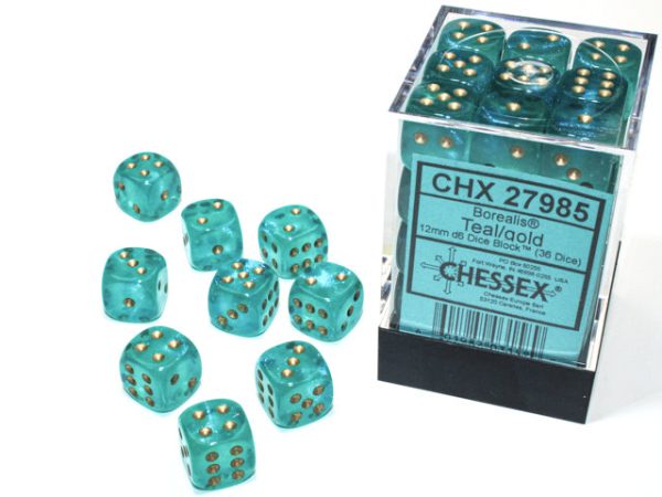 Chessex Borealis Teal Gold 12mm (36 d6 Dice) Fashion