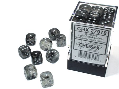 Chessex Borealis Light Smoke Silver 12mm (36 d6 Dice) Online Hot Sale