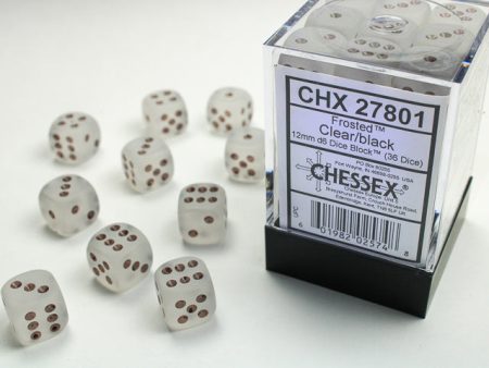 Chessex Frosted Clear Black 12mm (36 d6 Dice) For Sale