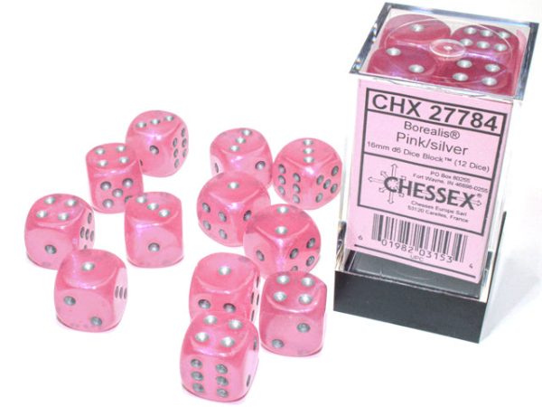 Chessex Borealis Pink Silver 16mm (12 d6 Dice) For Sale