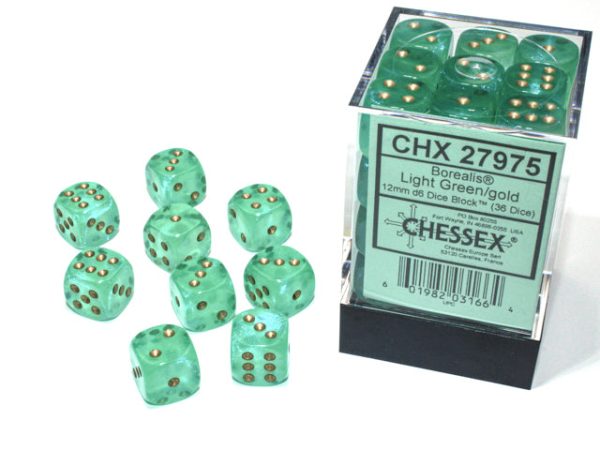 Chessex Borealis Light Green Gold 12mm (36 d6 Dice) Online Sale