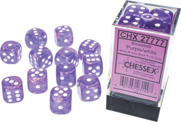 Chessex Borealis Purple White 16mm (12 d6 Dice) For Discount